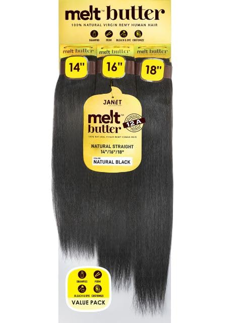 Janet Collection melt butter 12A 100% Natural Virgin Remy Human Hair NATURAL STRAIGHT 3Bundles Deal Natural Black Color (Natural Black (14"16"18")